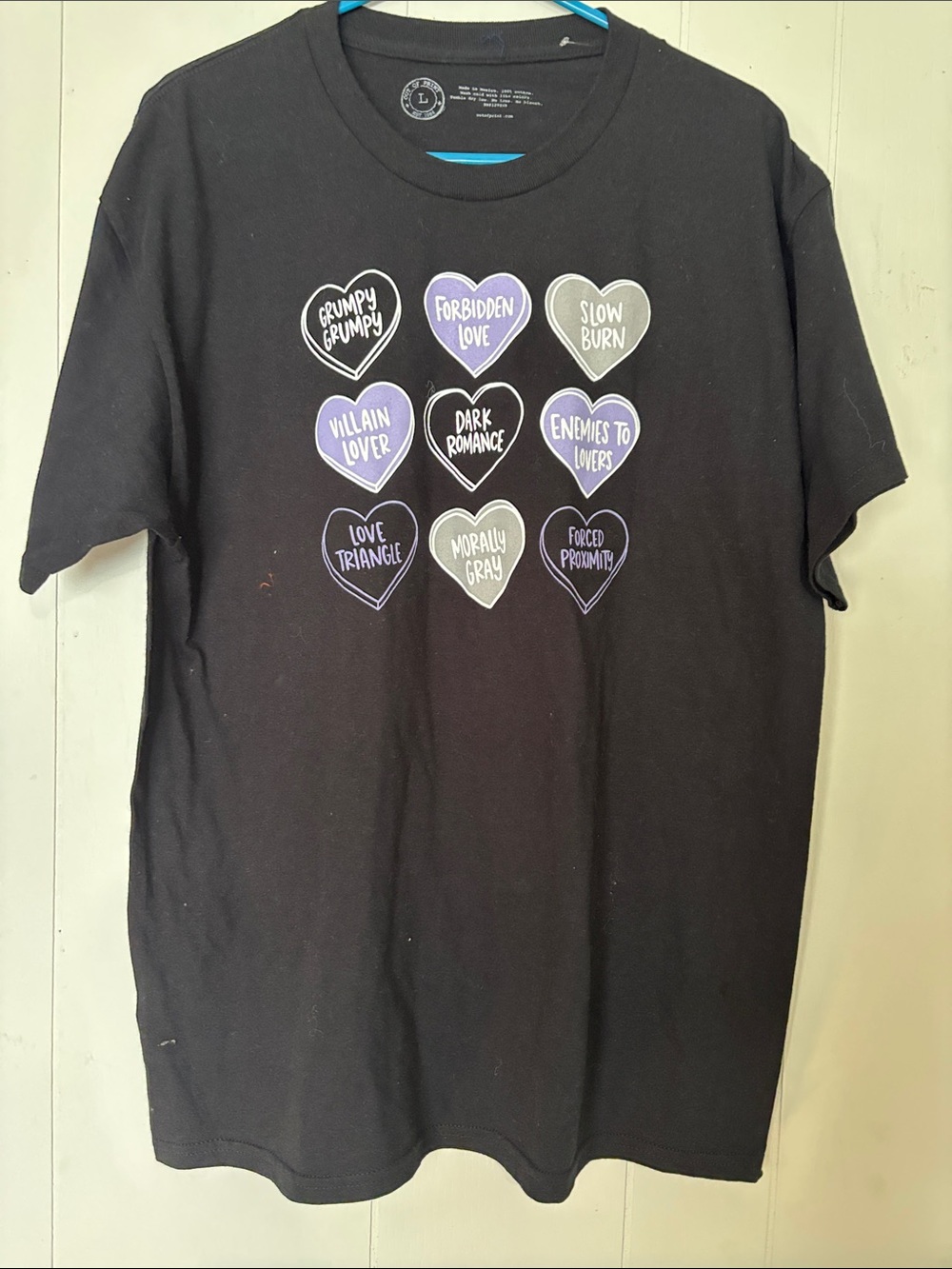 NWOT Out of Print Black Tee with Purple and White Heart Graphics